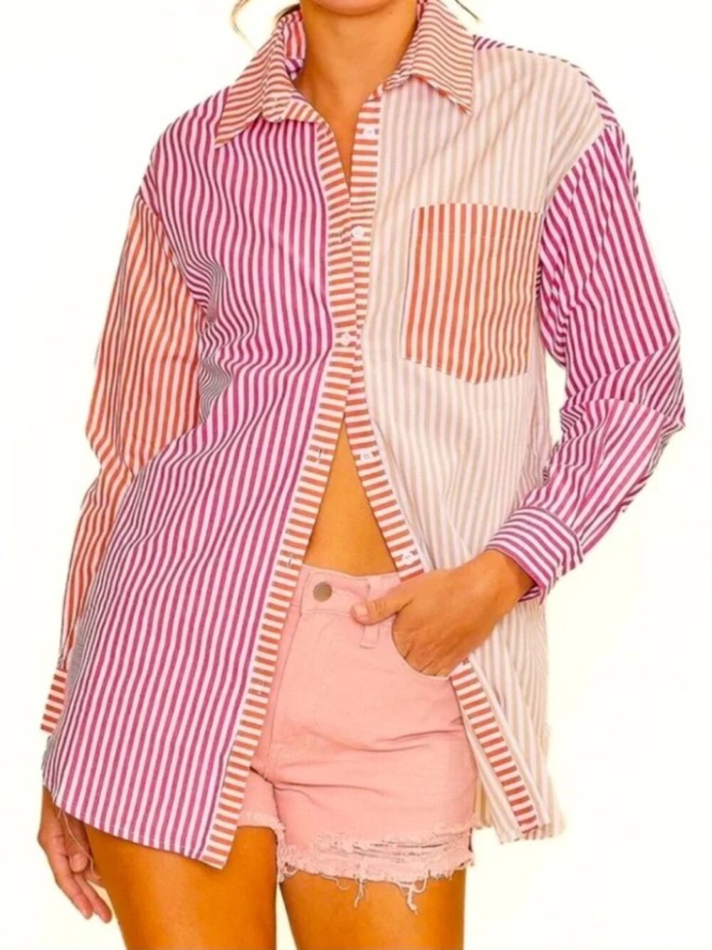 NWT Solid & Striped Pink Red Orange White Stripe Cotton Long Sleeve Button Up S
